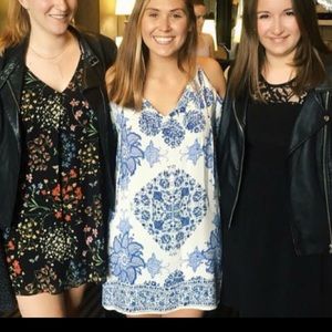 Blue & White Open Shoulder V Neck Boho Dress